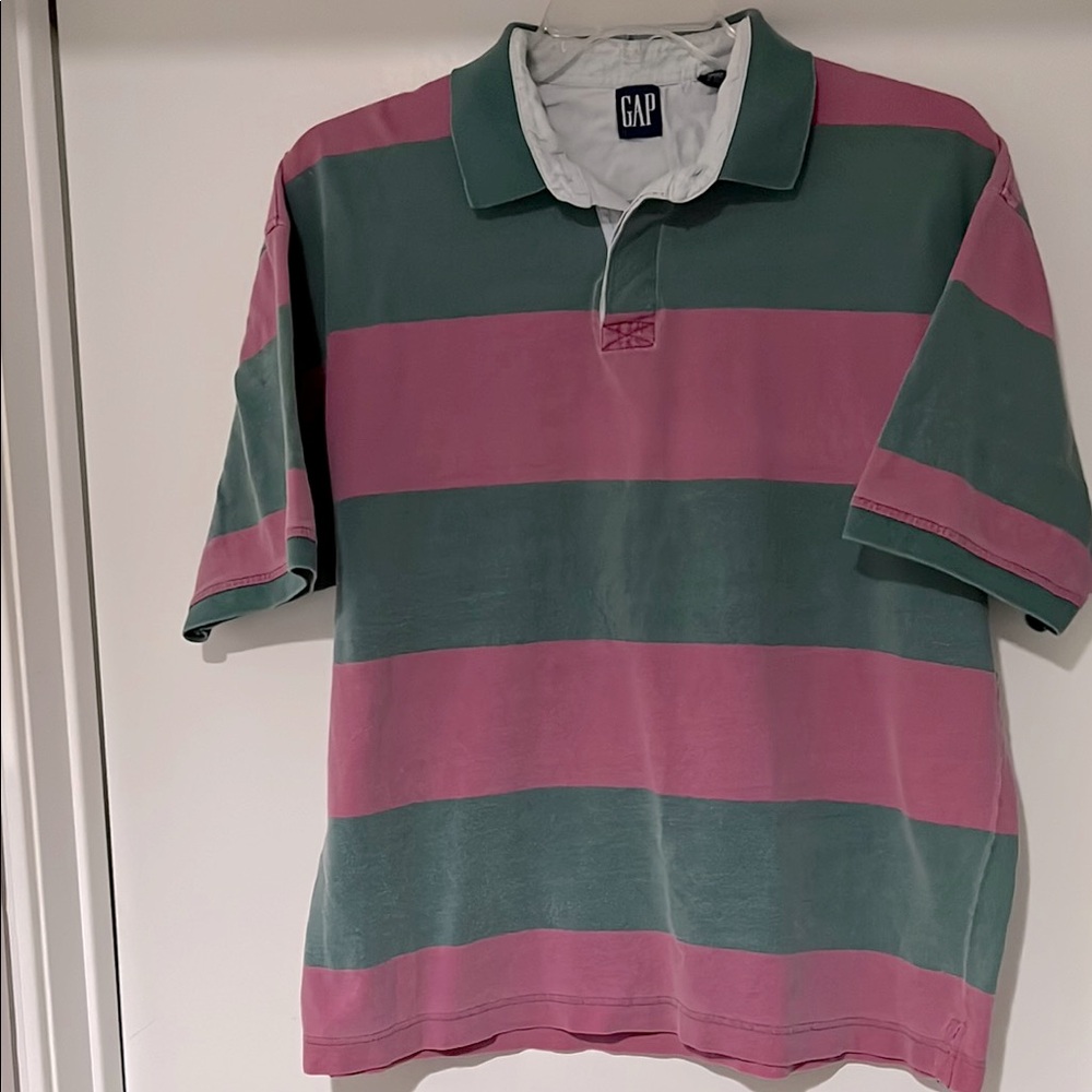 GAP Men's Polo Shirt with Pink and Green Stripes Size XL Vintage Rugby Striped
